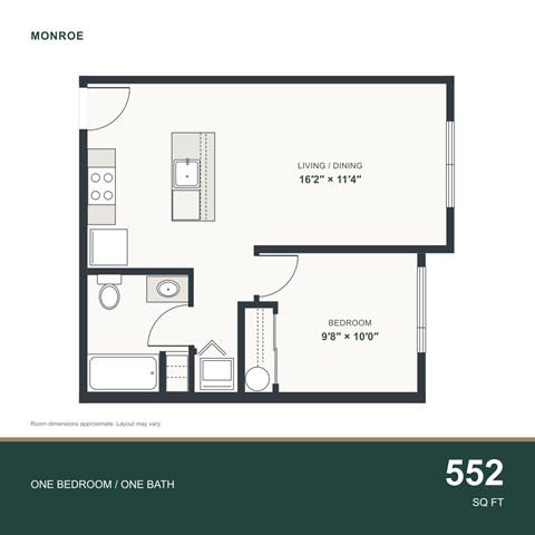 Floor plan for 1 bed, 1 bath, 552 sqft